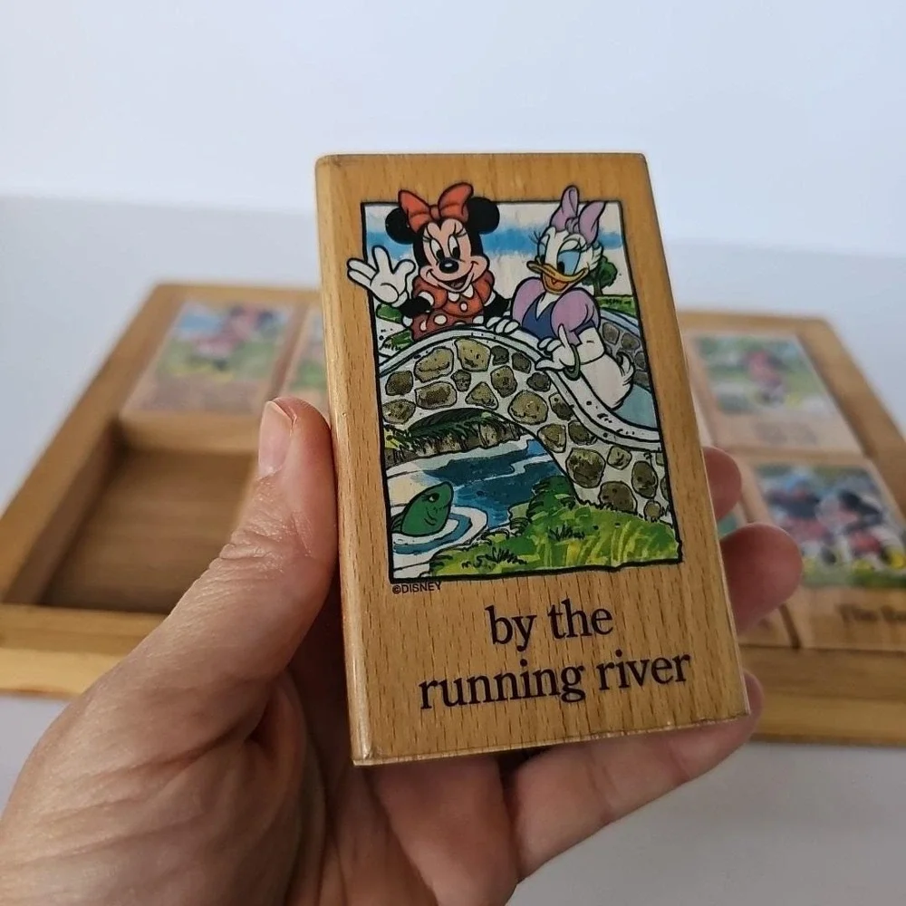 Vintage Disney Mickey Minnie Mouse Friends Wooden Story Blocks Puzzle Toy Tray‎